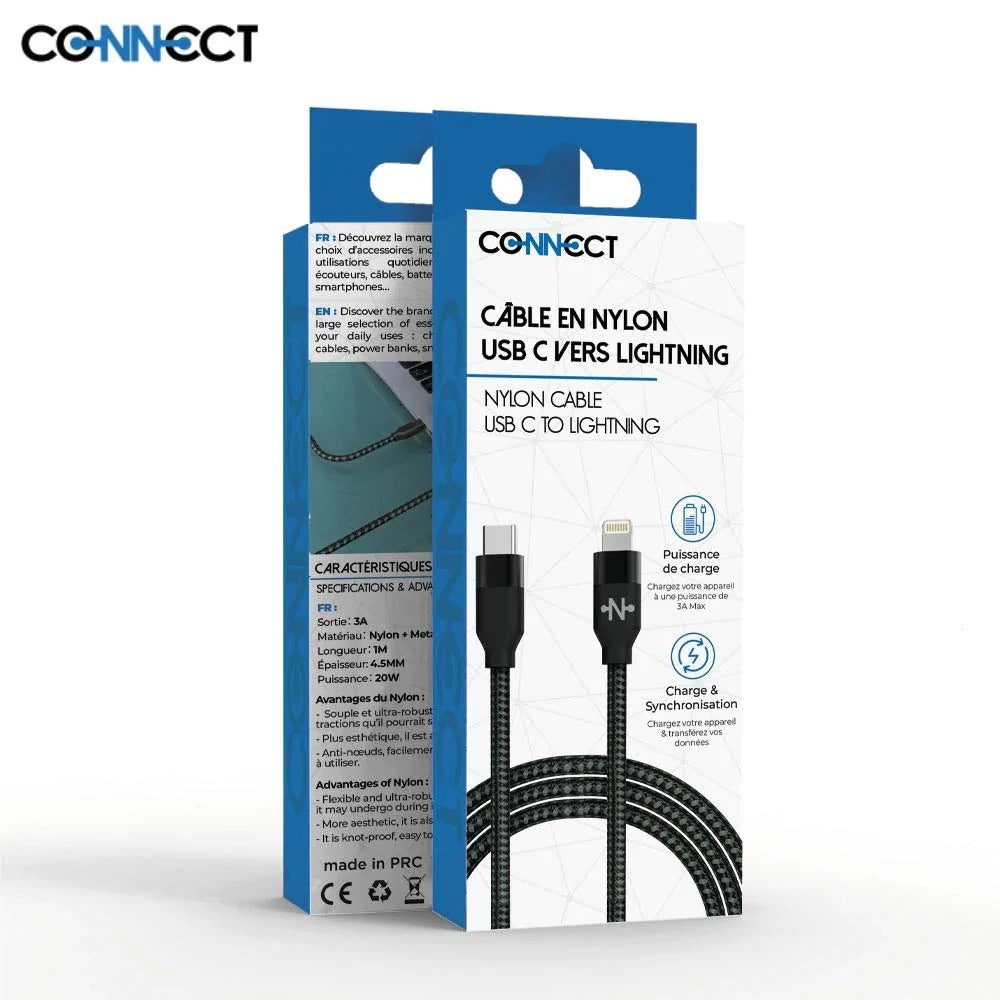 Câble Data Type-C vers Lightning - Nylon Tressé 20W (1m) Noir