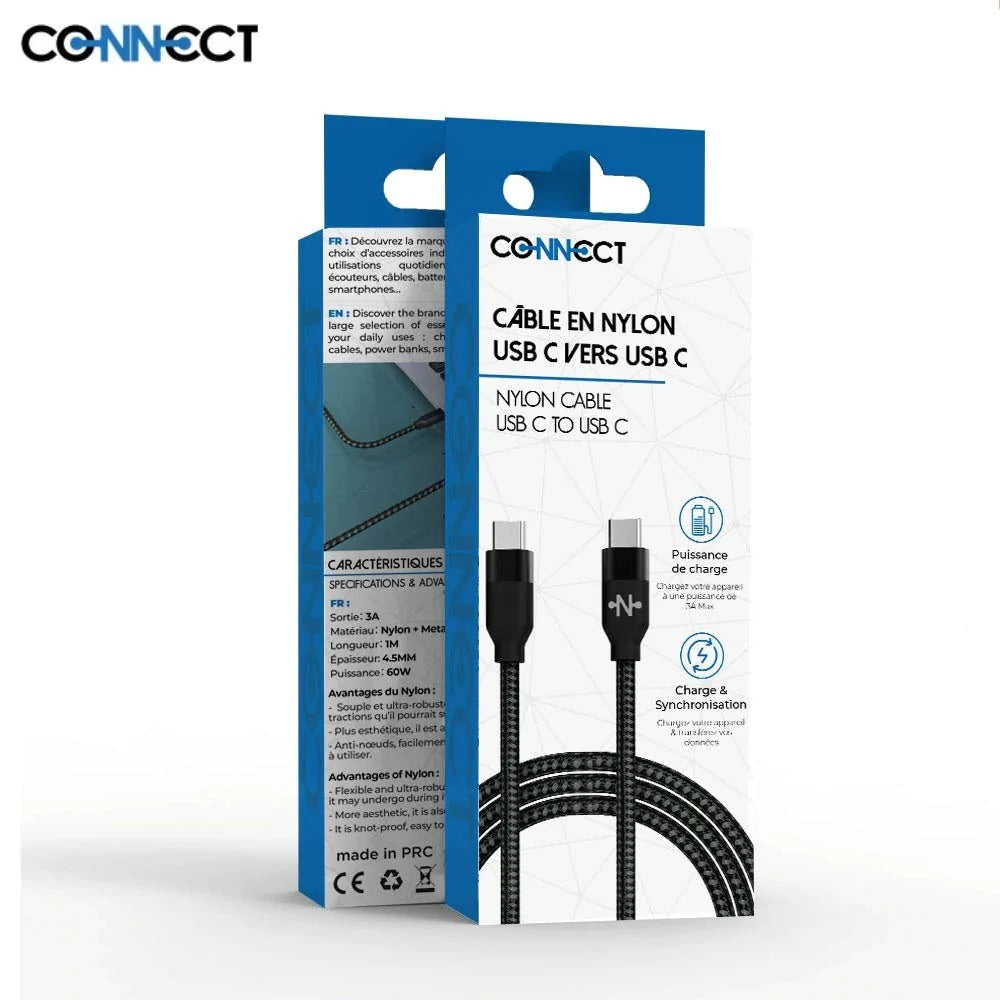 Câble Data Type-C vers Type-C Nylon Tressé 60W - 1m Noir