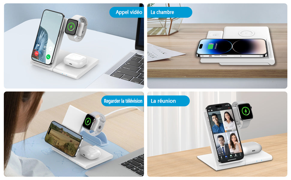 Station de chargement induction 3 en 1 pliable pour iPhone, Apple Watch et AirPods