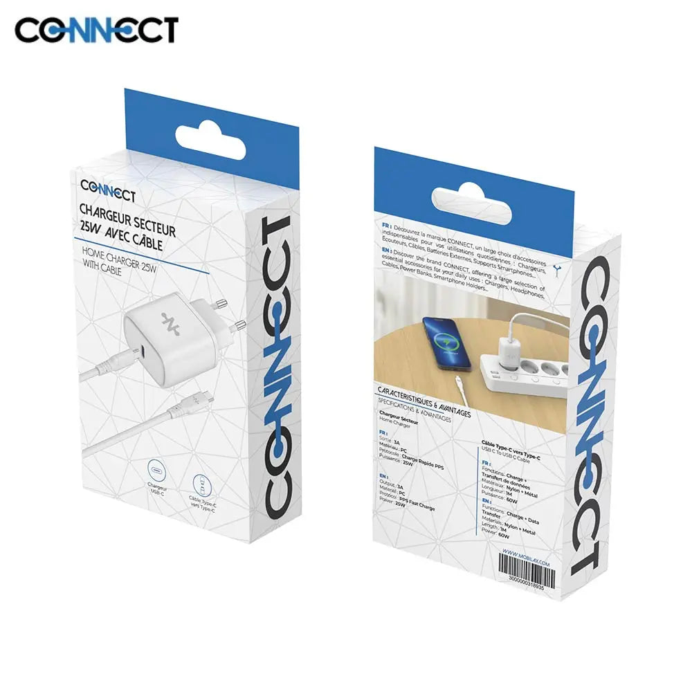 Duo Chargeur Secteur USB-C + Câble 1m Type-C - 25W – Charge Rapide