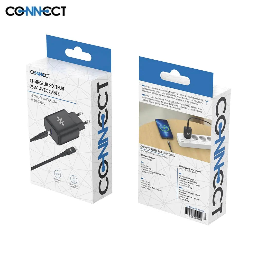 Duo Chargeur Secteur USB-C + Câble 1m Type-C - 25W – Charge Rapide