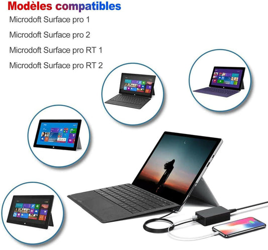 Chargeur compatible Microsoft Surface avec Port USB