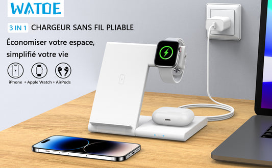 Station de chargement induction 3 en 1 pliable pour iPhone, Apple Watch et AirPods