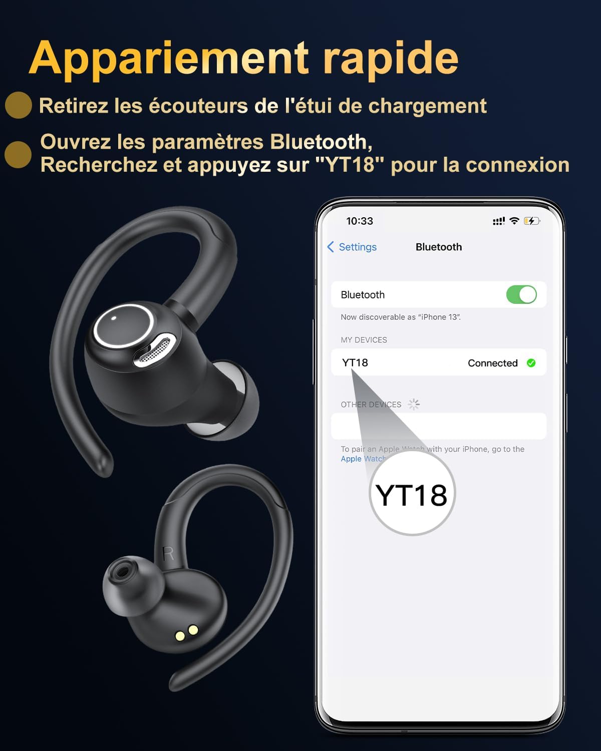 Écouteur Bluetooth sans fil 5.3 HiFi Stéréo, avec ENC Mic, 40h d'autonomie - Étanche IP7 , Écran LED, Noir.