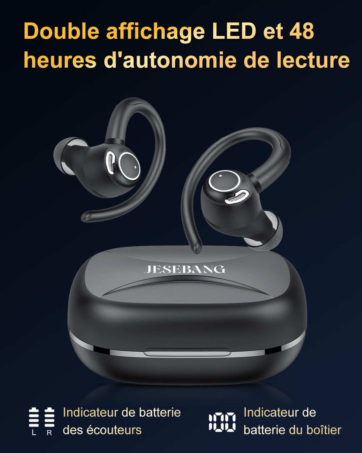 Écouteur Bluetooth sans fil 5.3 HiFi Stéréo, avec ENC Mic, 40h d'autonomie - Étanche IP7 , Écran LED, Noir.