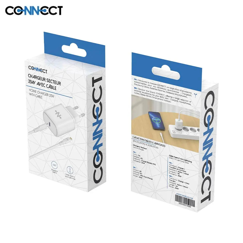 Duo Chargeur Secteur USB-C + Câble Type-C vers Lightning 1m – 25W  Charge Rapide