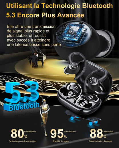 Écouteur Bluetooth sans fil 5.3 HiFi Stéréo, avec ENC Mic, 40h d'autonomie - Étanche IP7 , Écran LED, Noir.