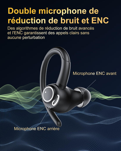 Écouteur Bluetooth sans fil 5.3 HiFi Stéréo, avec ENC Mic, 40h d'autonomie - Étanche IP7 , Écran LED, Noir.